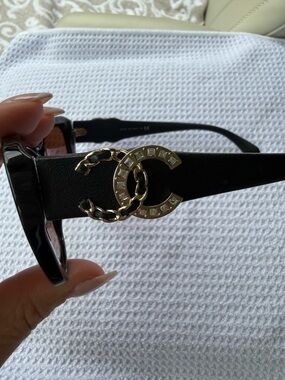 CHANEL Black Sunglasses with Gold CC Chain Accent